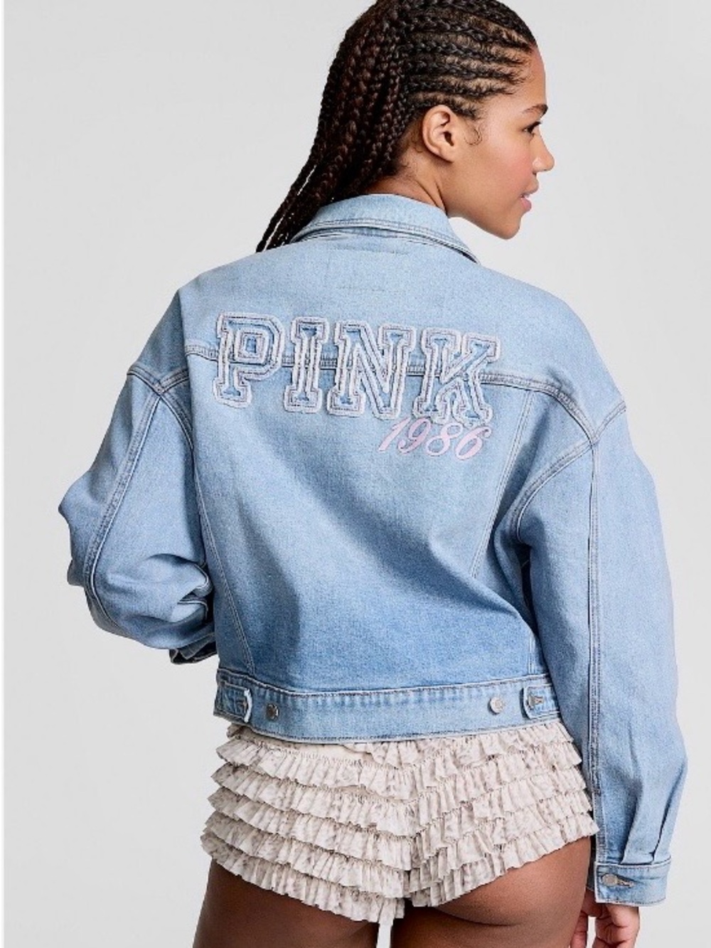 PINK Victoria's Secret Light Blue 1986 Embroidered Denim Jacket M NWT